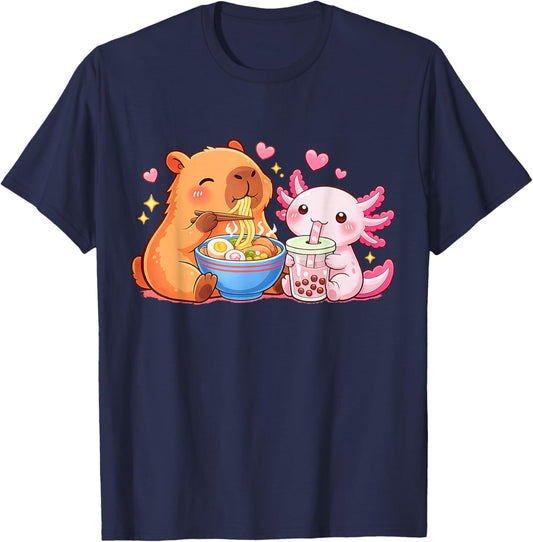 Funny Capybara and Axolotl Ramen Boba Kawaii Boys Girls Kids T-Shirt - T-Shirt | Navy