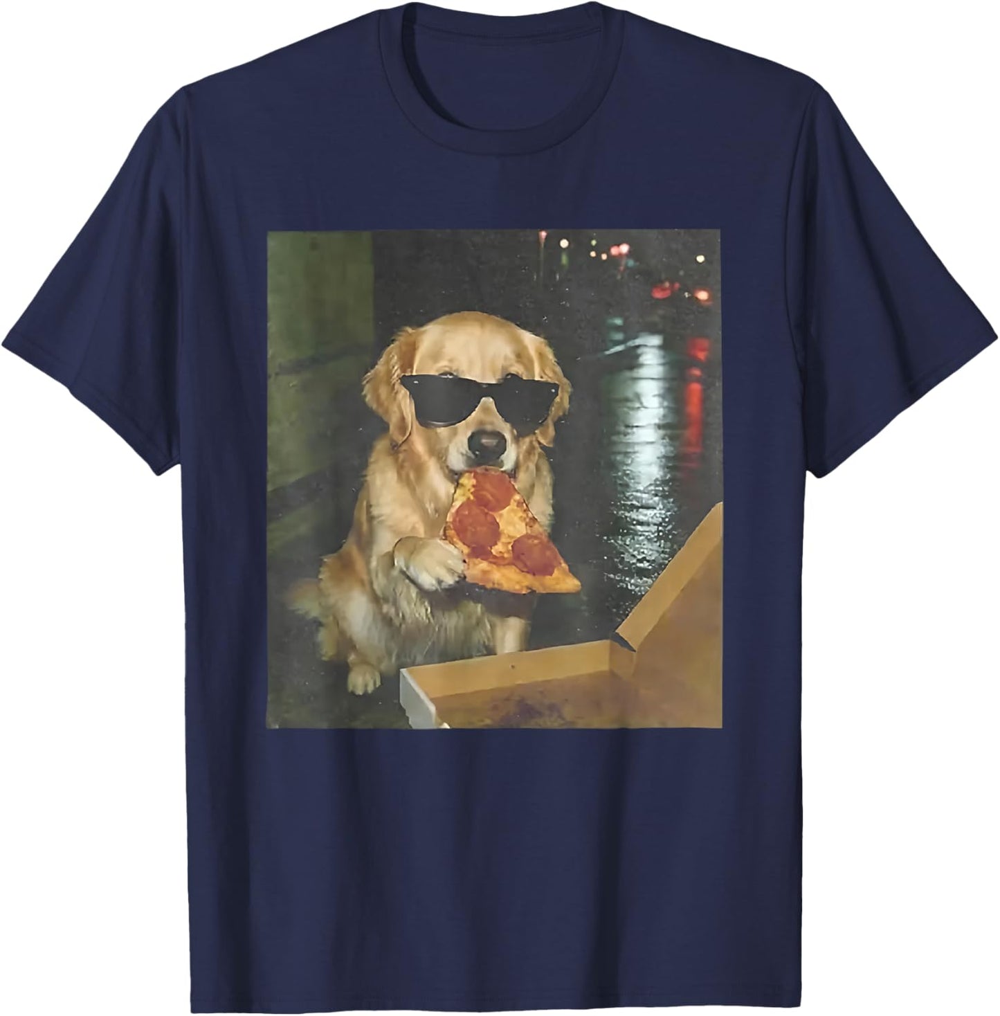 Dog Eating Pizza Funny Golden Retriever Meme T-Shirt - T-Shirt | Navy