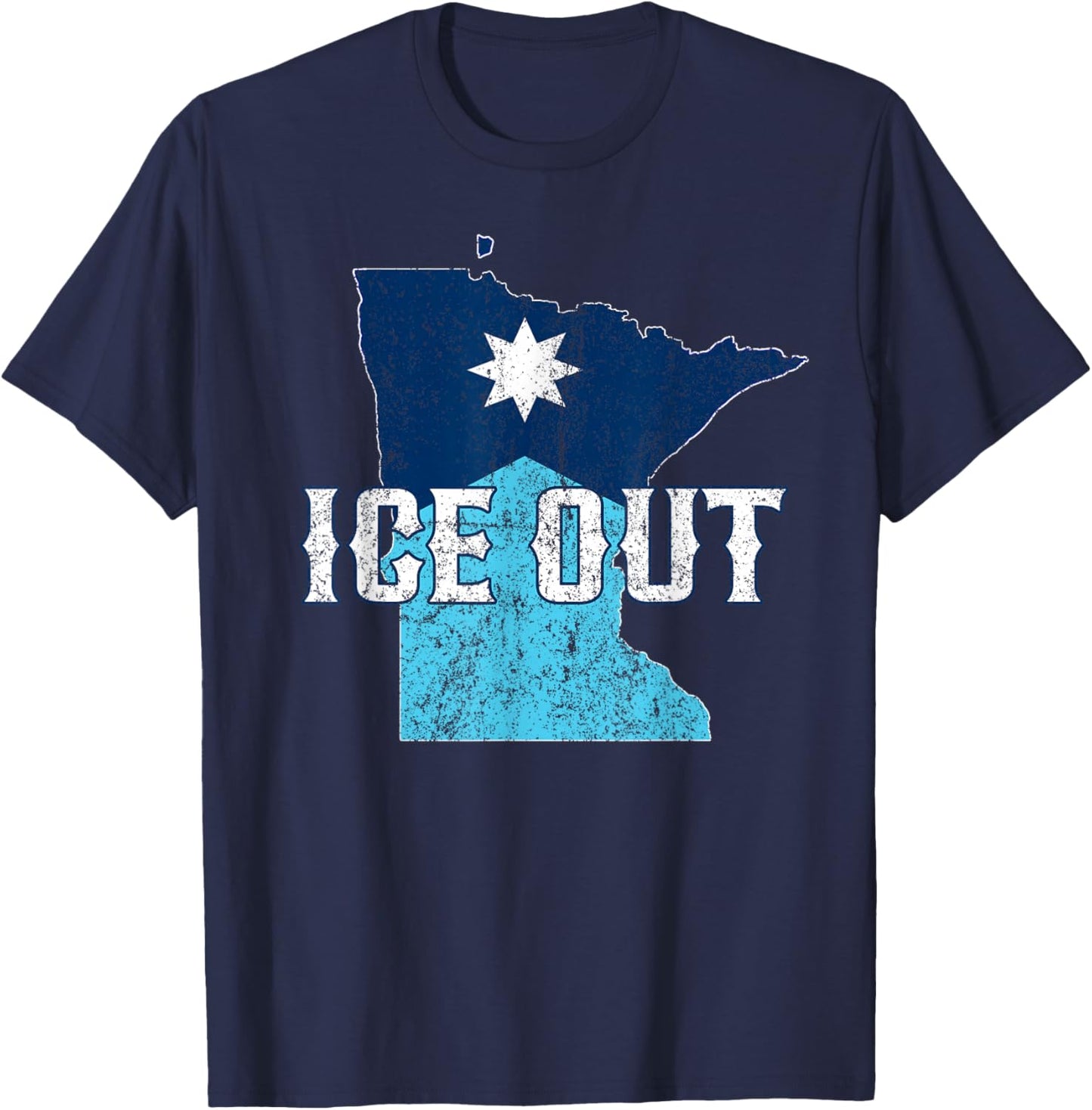 Vintage Ice Out of MN Minnesota Flag and Map Distressed T-Shirt - T-Shirt | Navy
