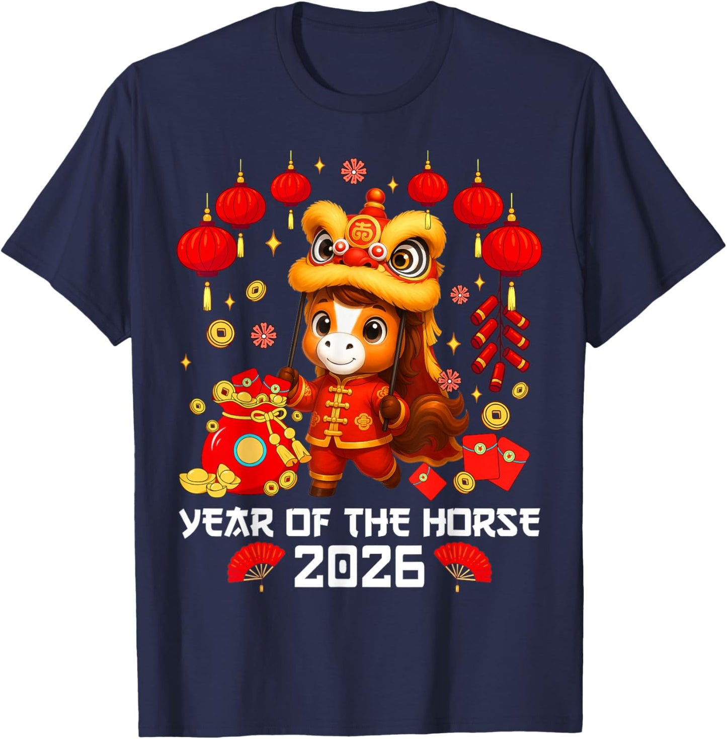 Year of The Horse 2026 Lion Dance Chinese New Year Kid Boy T-Shirt - T-Shirt | Navy