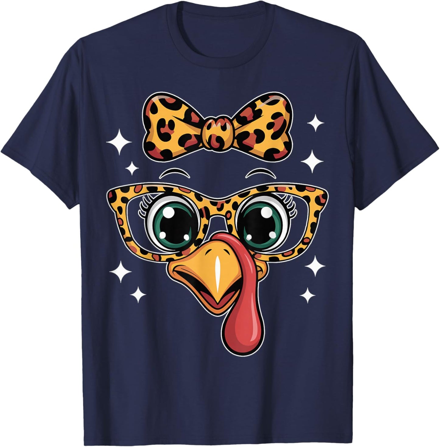 Thanksgiving Turkey Face Leopard Bow Glasses Women Girls T-Shirt - T-Shirt | Navy