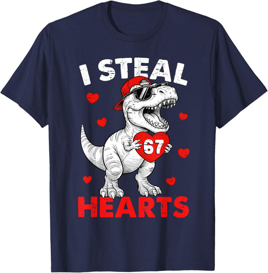 I Steal Hearts Dino 6 7 Meme Valentines Day Shirts Kids Boys T-Shirt - T-Shirt | Navy