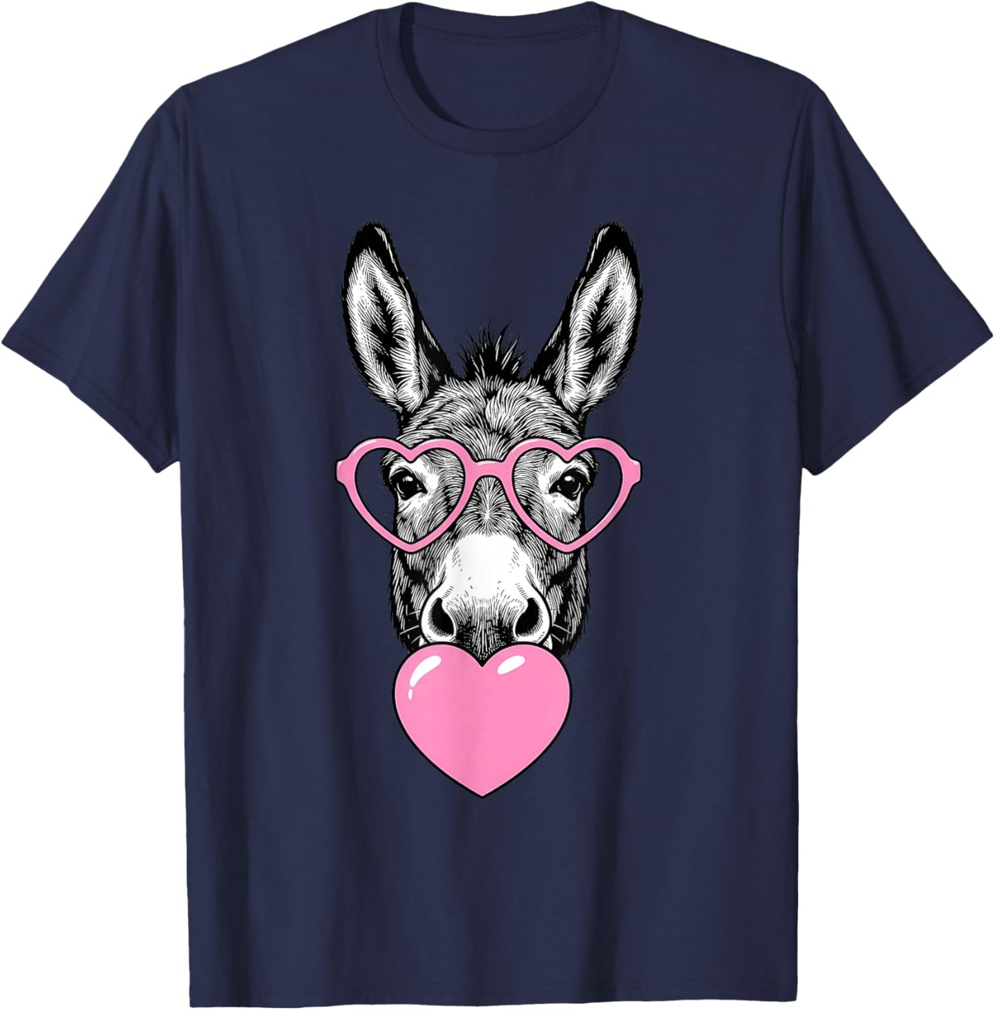 Cute Donkey Blowing Pink Valentine Heart Bubble Gum T-Shirt - T-Shirt | Navy