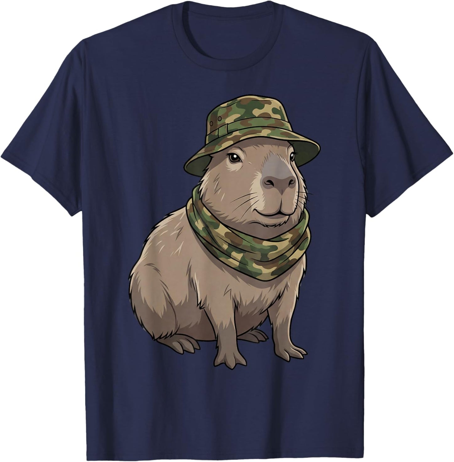 Camo Capybara Cute Outdoor Wildlife Animal Illustration T-Shirt - T-Shirt | Navy