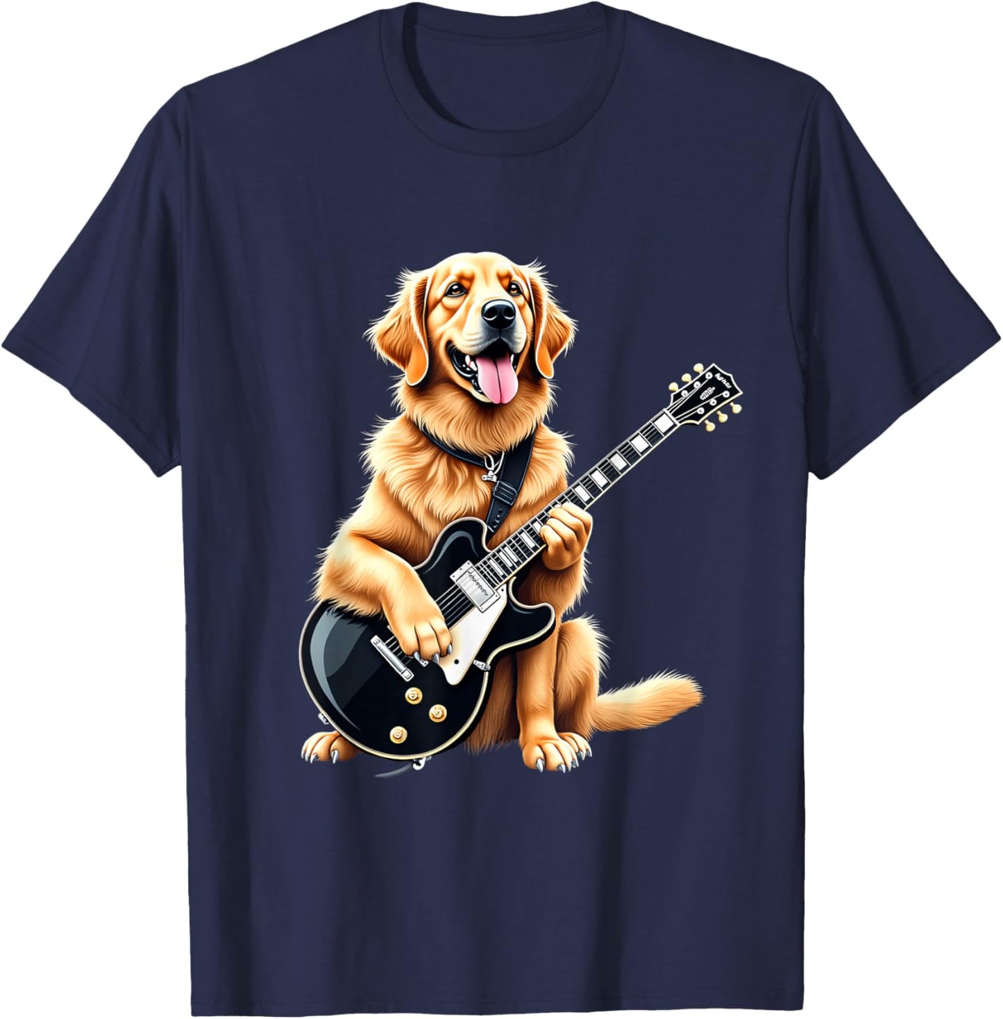 Funny Golden Retriever Playing Electric Guitar Music Lovers T-Shirt - T-Shirt | Navy