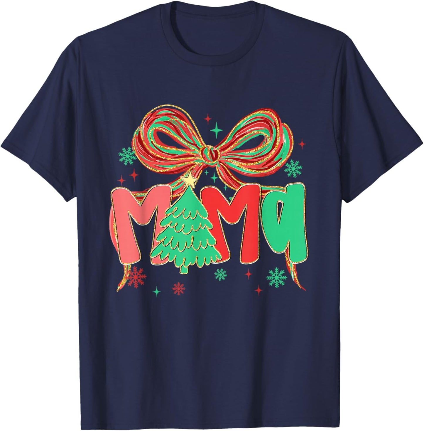 Coquette Bow Mama Christmas Tree Festive Holiday Xmas Mom T-Shirt - T-Shirt | Navy