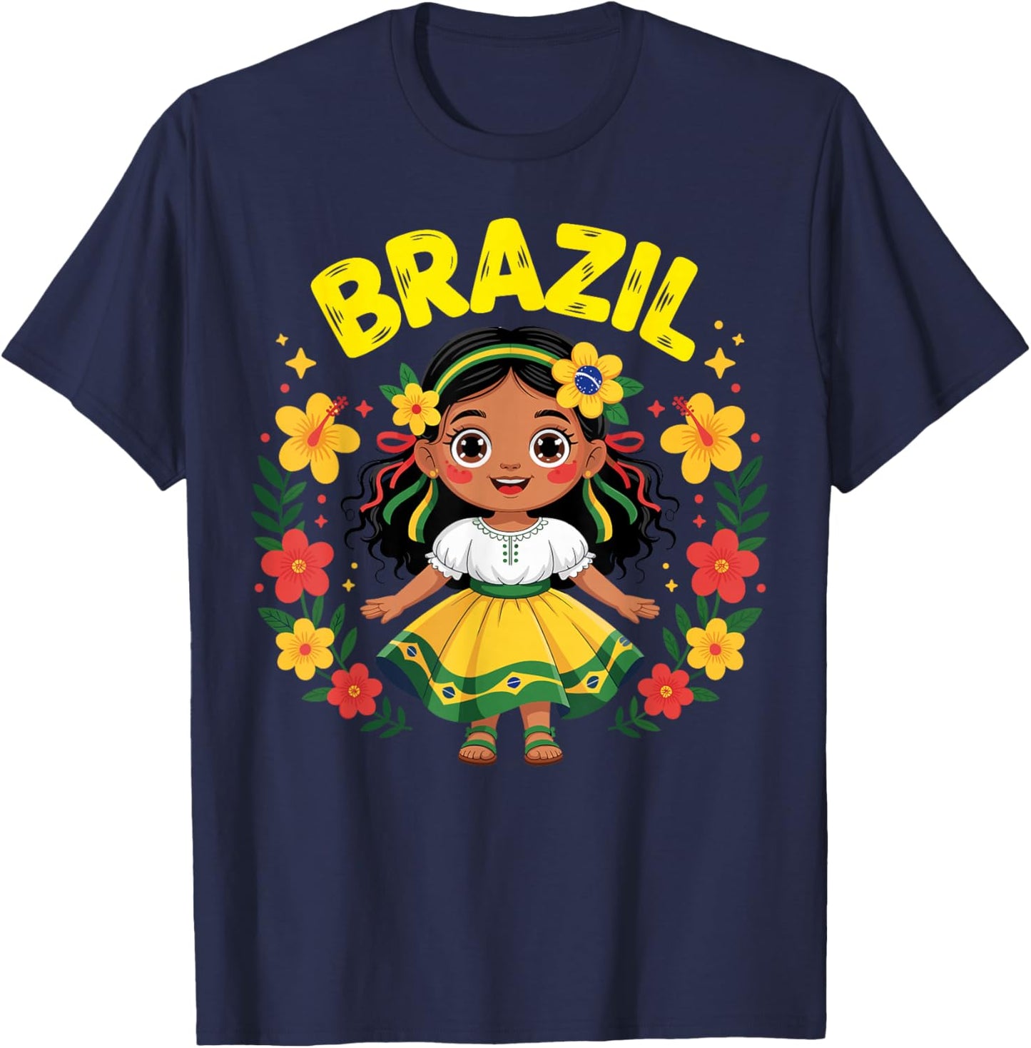 Cute Brazil Girl Traditional Dress Flag Colors Art for Kids T-Shirt - T-Shirt | Navy