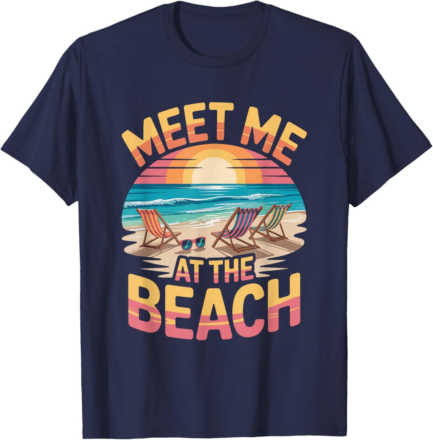 Vintage Palm Trees Retro Ocean Meet Me at Beach Summer T-Shirt - T-Shirt | Navy
