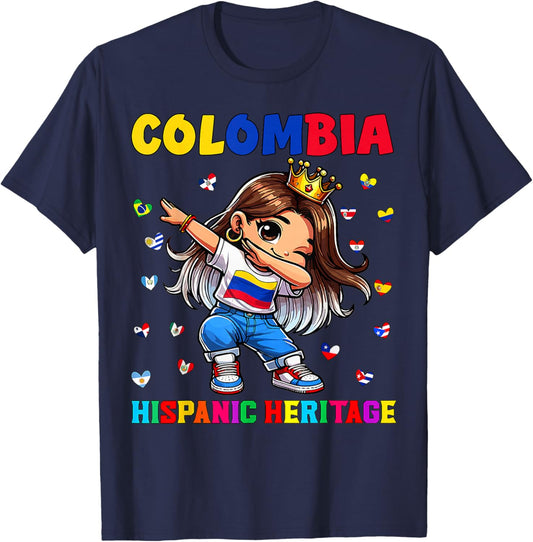 Hispanic Heritage Month Colombia Flag Colombian Girl Kids T-Shirt - T-Shirt | Navy
