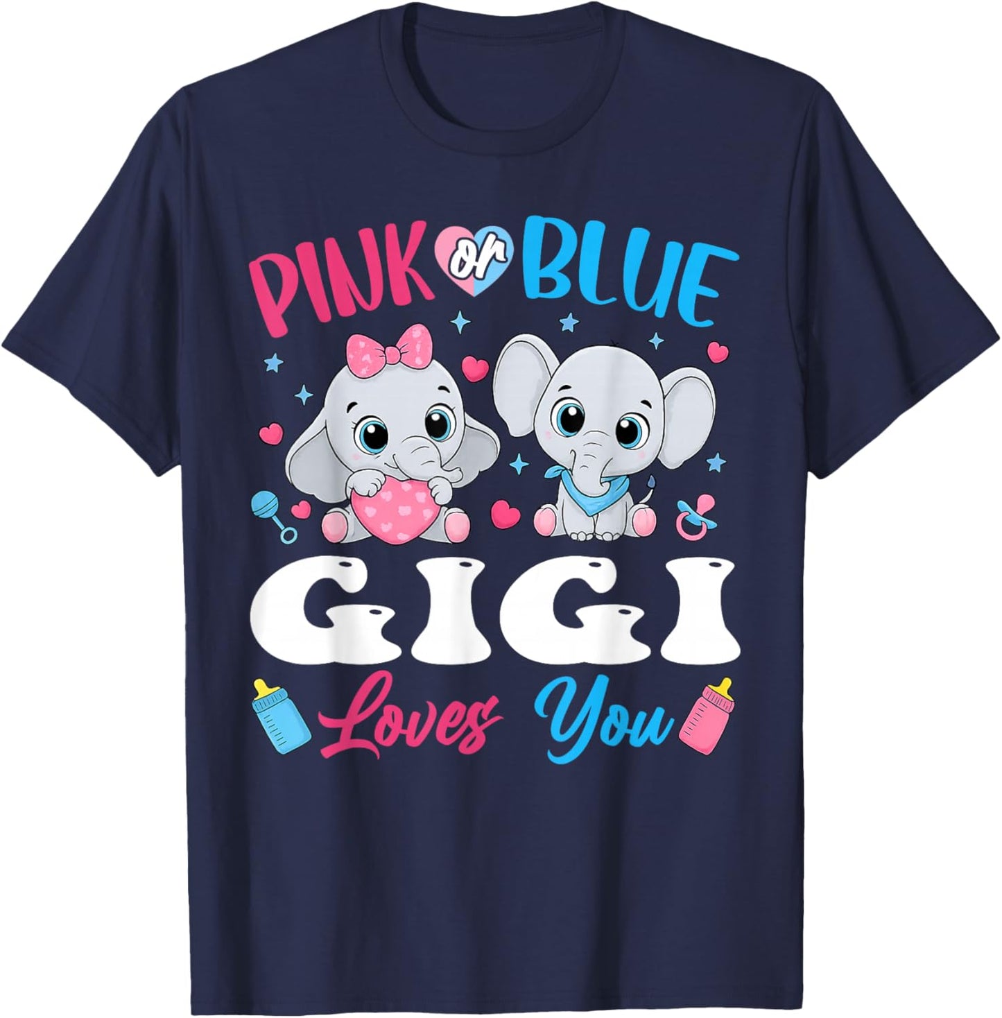 Pink or Blue Gigi Loves You Gender Reveal Elephant T-Shirt - T-Shirt | Navy