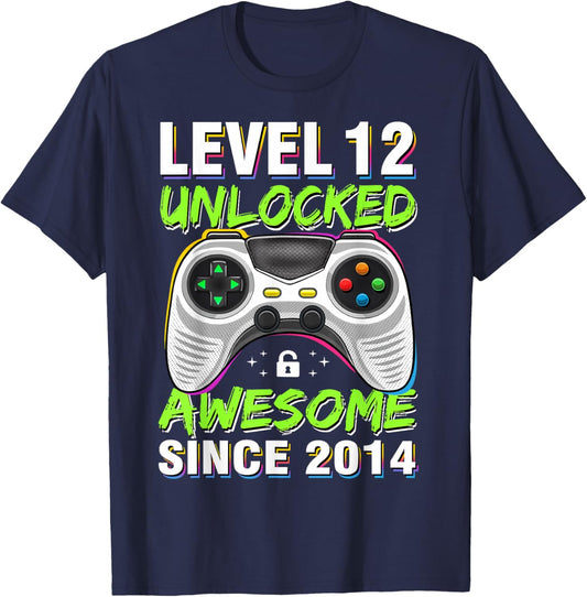 Level 12 Unlocked Awesome Since 201412th Birthday Gaming T-Shirt - T-Shirt | Navy