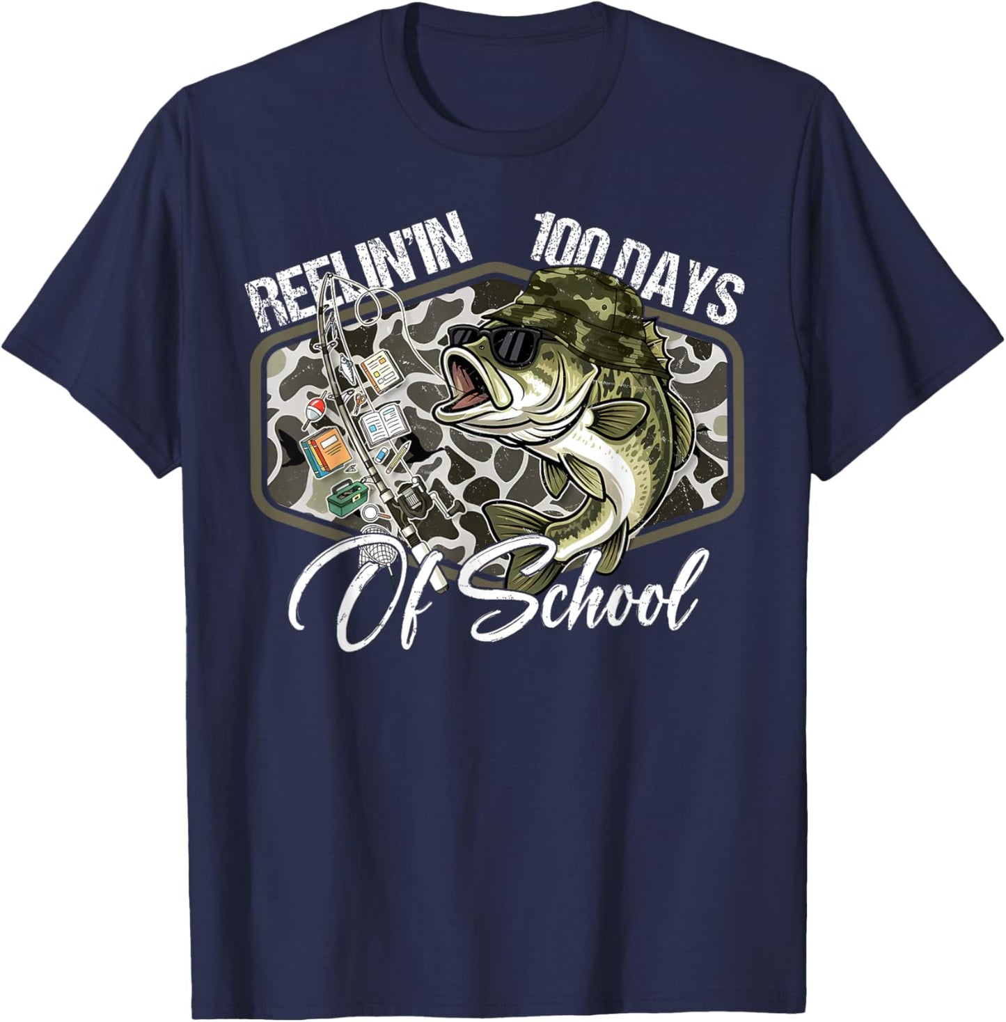 Retro Reelin’ in 100 Days of School Camo Bass Fishing Boys T-Shirt - T-Shirt | Navy