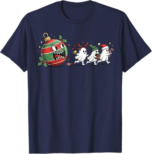 Funny Christmas Ball Eating Ghosts Gamer Men Women Kids T-Shirt - T-Shirt | Navy