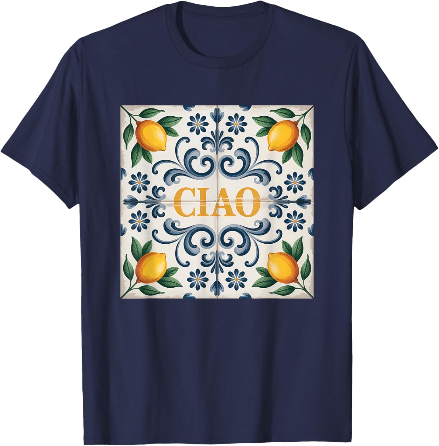 Ciao Lemon Italian Pattern Tile Mediterranean Citrus T-Shirt - T-Shirt | Navy