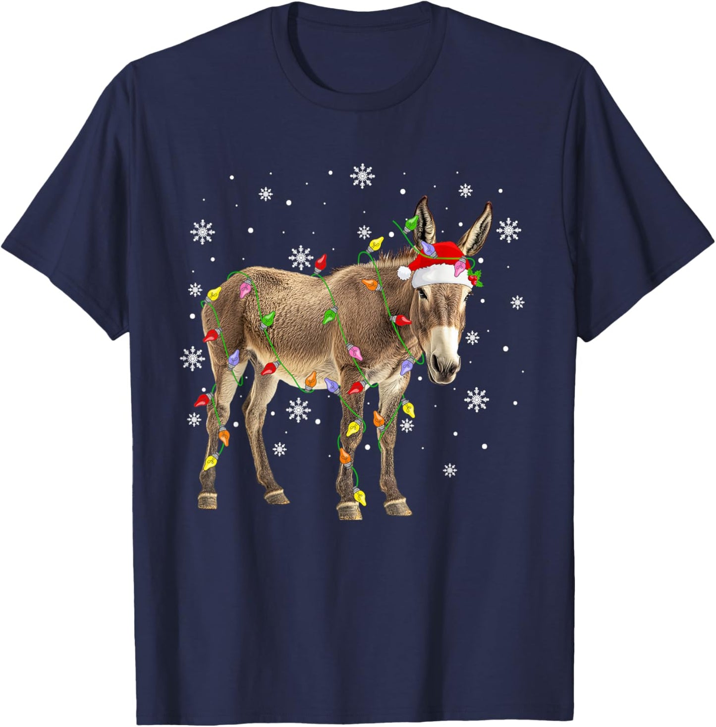 Donkey Mule Christmas Lights Funny Santa Hat Animal Xmas T-Shirt - T-Shirt | Navy