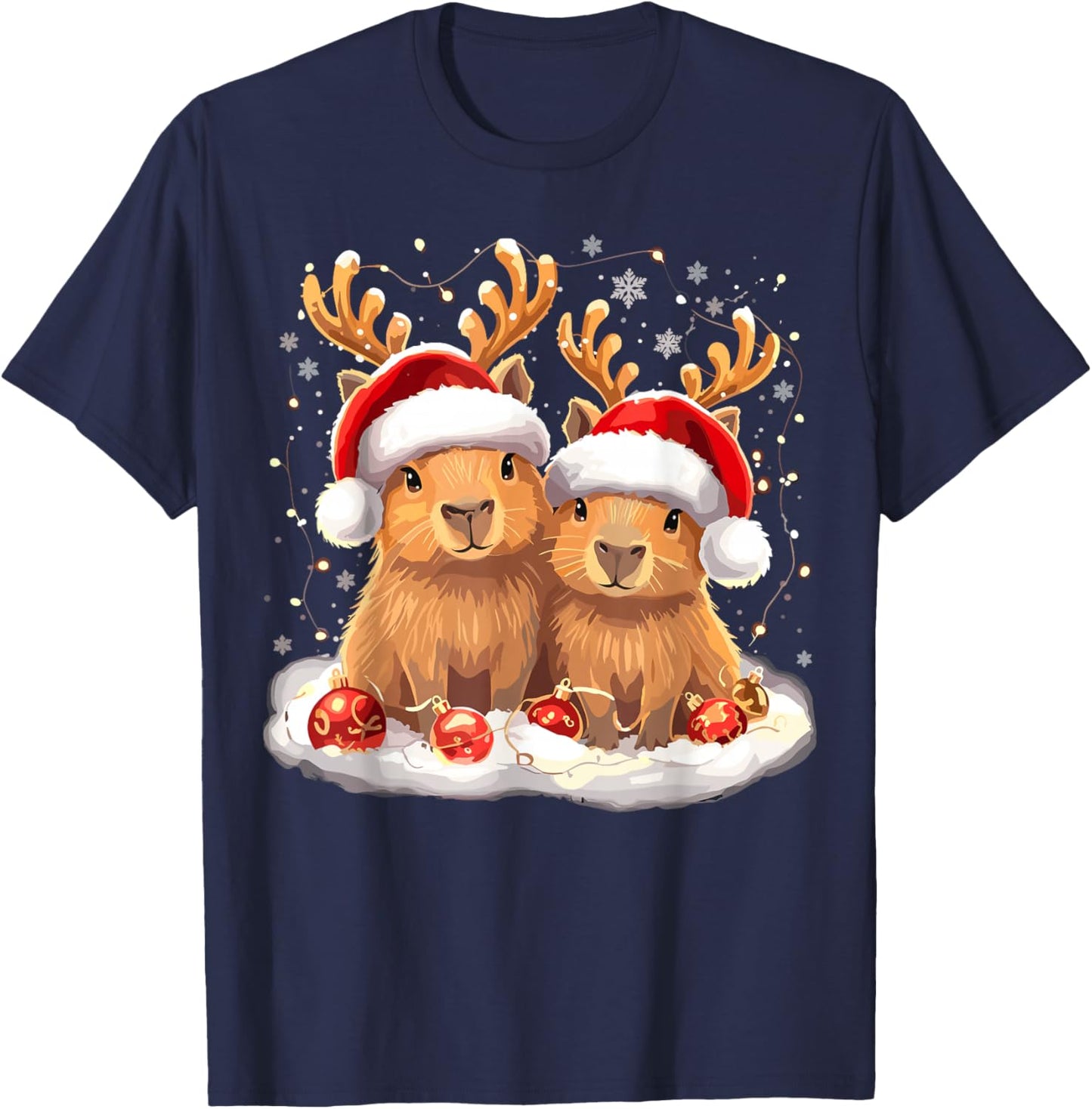 Capybara Christmas Light Reindeer Santa T-Shirt - T-Shirt | Navy