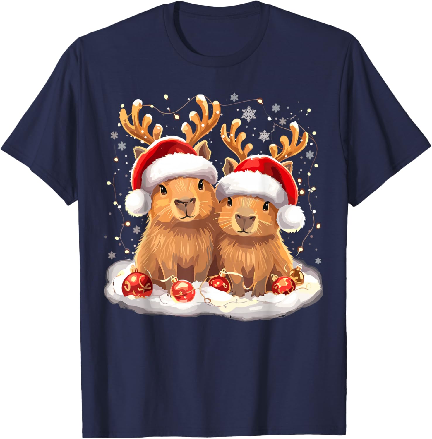 Capybara Christmas Light Reindeer Santa T-Shirt - T-Shirt | Navy