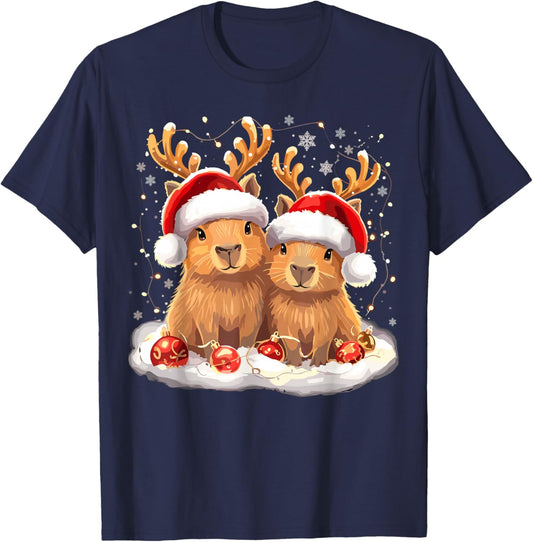 Capybara Christmas Light Reindeer Santa T-Shirt - T-Shirt | Navy