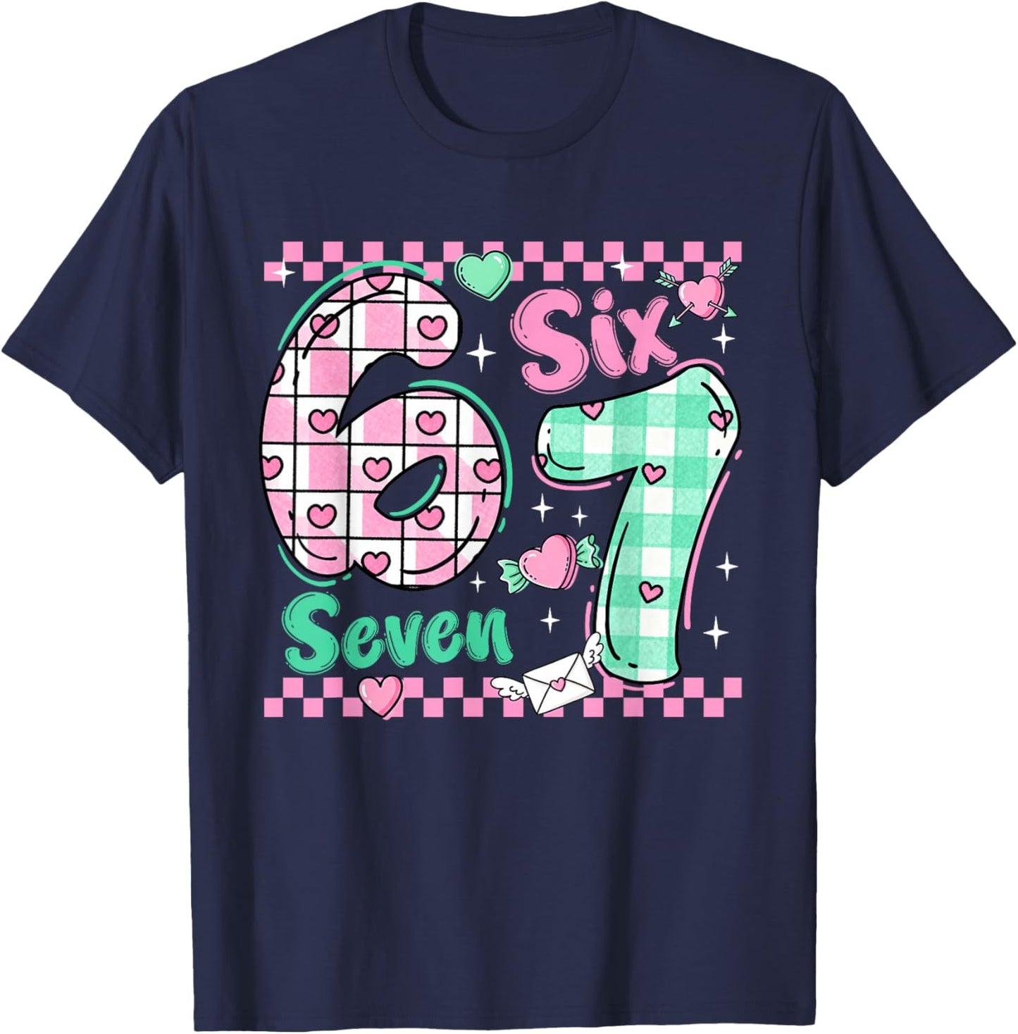 Checkered 67 Meme Six Seven Viral Number Valentines Girl Kid T-Shirt - T-Shirt | Navy