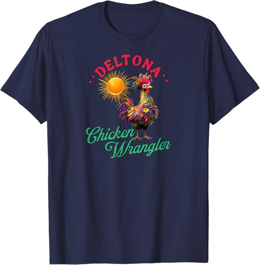 Deltona Chicken Wrangler Funny Farm Rooster Design T-Shirt - T-Shirt | Navy