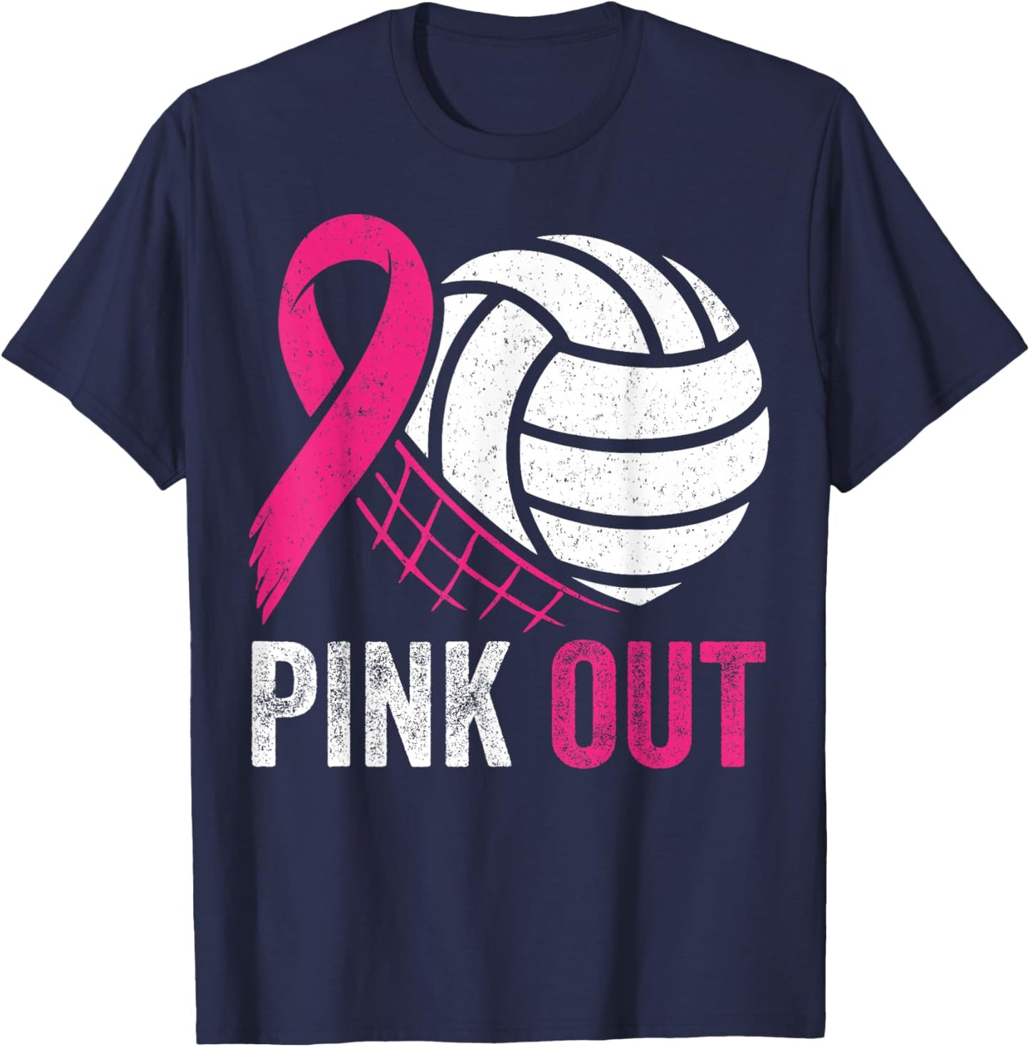 Pink Out Volleyball Breast Cancer Awareness Pink Ribbon T-Shirt - T-Shirt | Navy