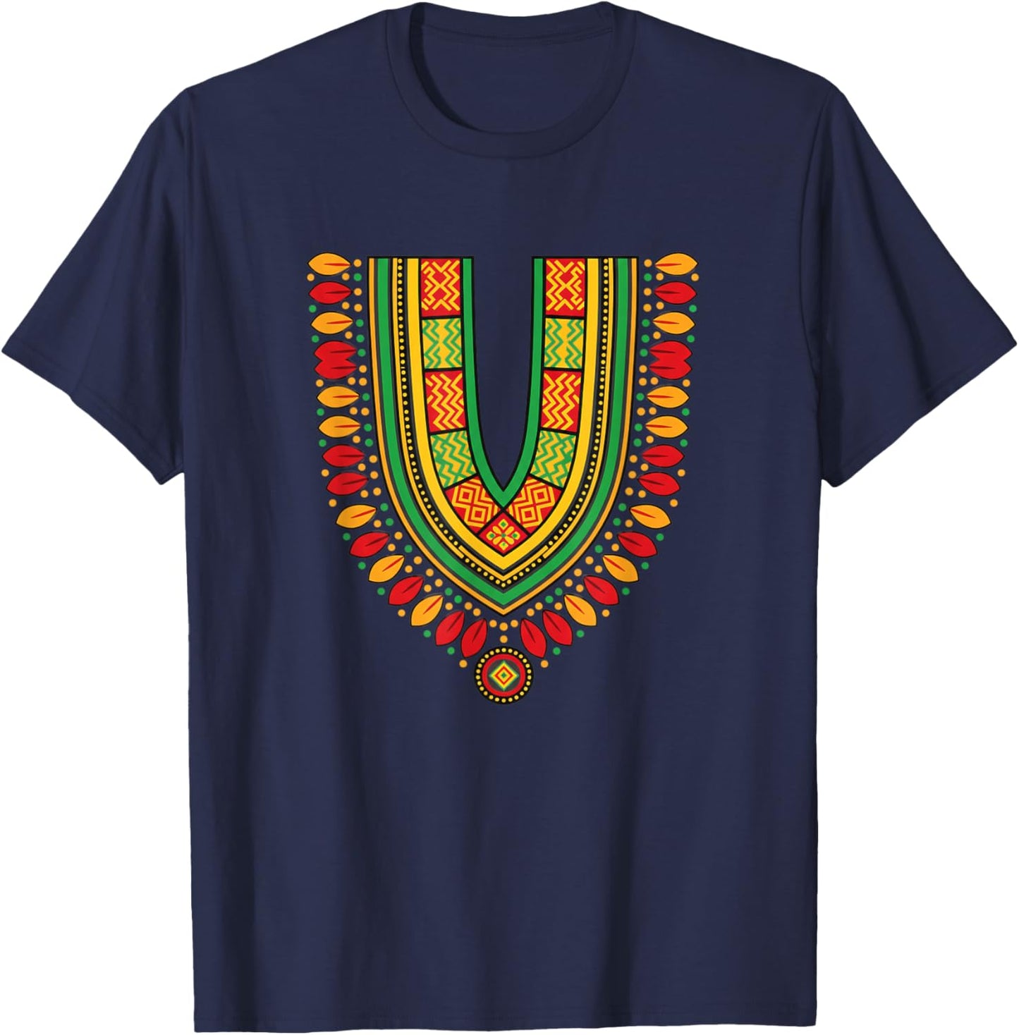African Dashiki Collar Pattern Ethnic Print Colorful T-Shirt - T-Shirt | Navy