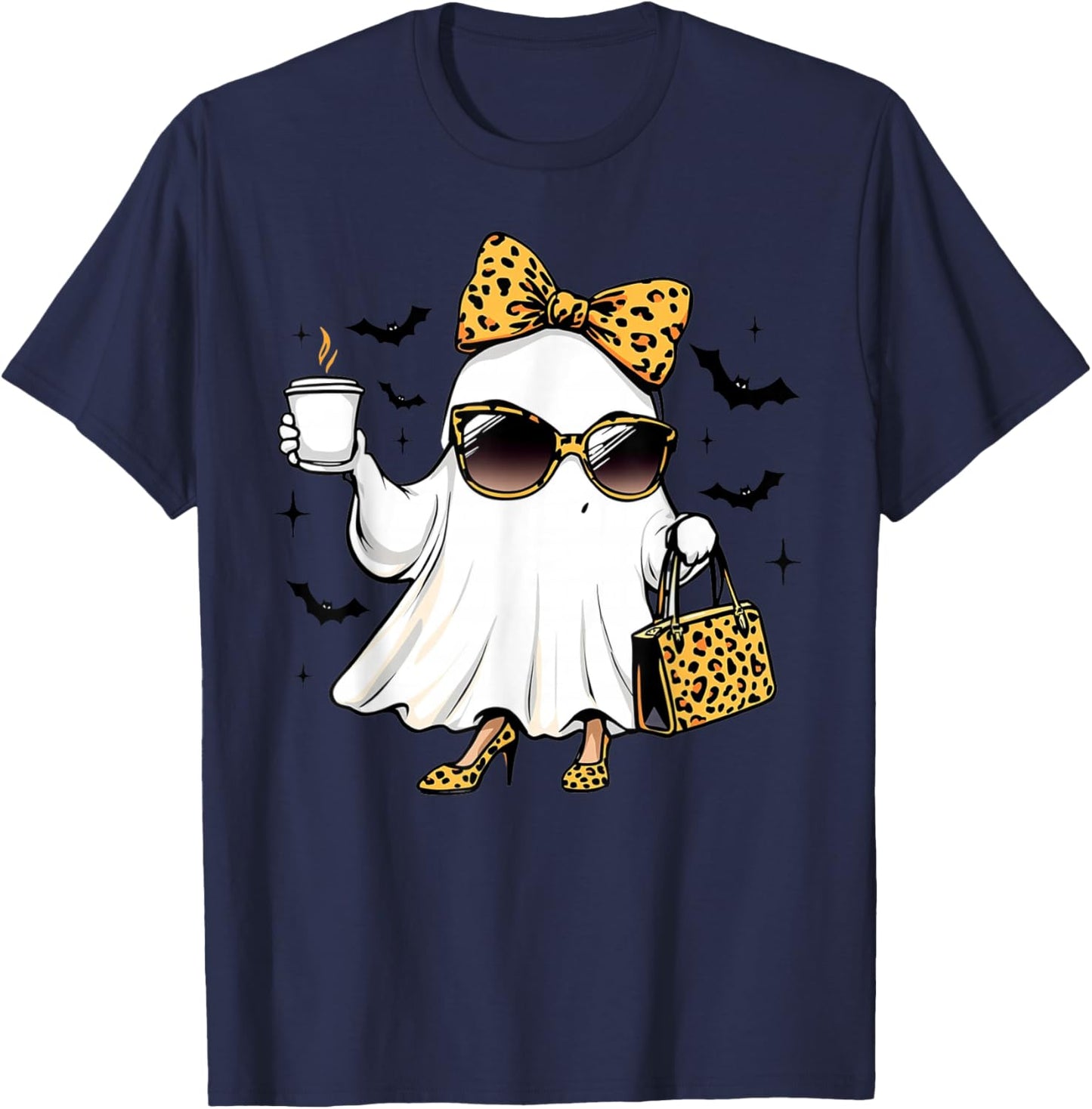 Ghost Coffee Coquette Bow Leopard Print Halloween T-Shirt - T-Shirt | Navy