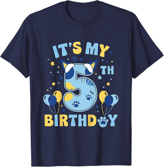 Its My 5th Birthday Boy Blue Dog Theme Party Cool 5 Year Old T-Shirt - T-Shirt | Navy