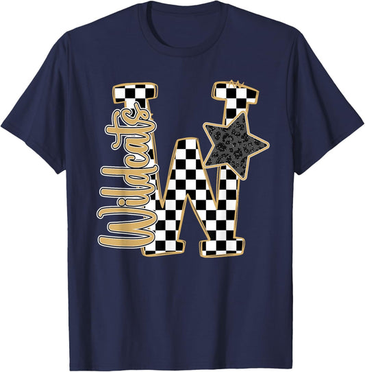 Gold Wildcats Checkered Print Star Leopard School Spirit T-Shirt - T-Shirt | Navy