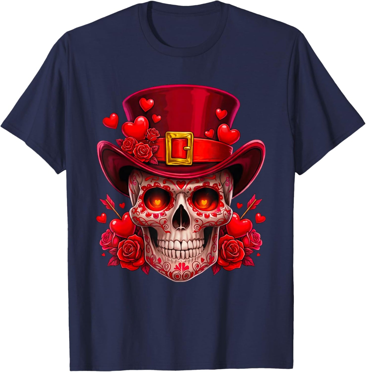 Sugar Skull Valentine Cupid Red Roses Couples Matching Skull T-Shirt - T-Shirt | Navy