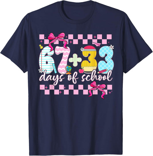 67 + 33 Days of School Cute Coquette Bow Girl Kid Teacher T-Shirt - T-Shirt | Navy