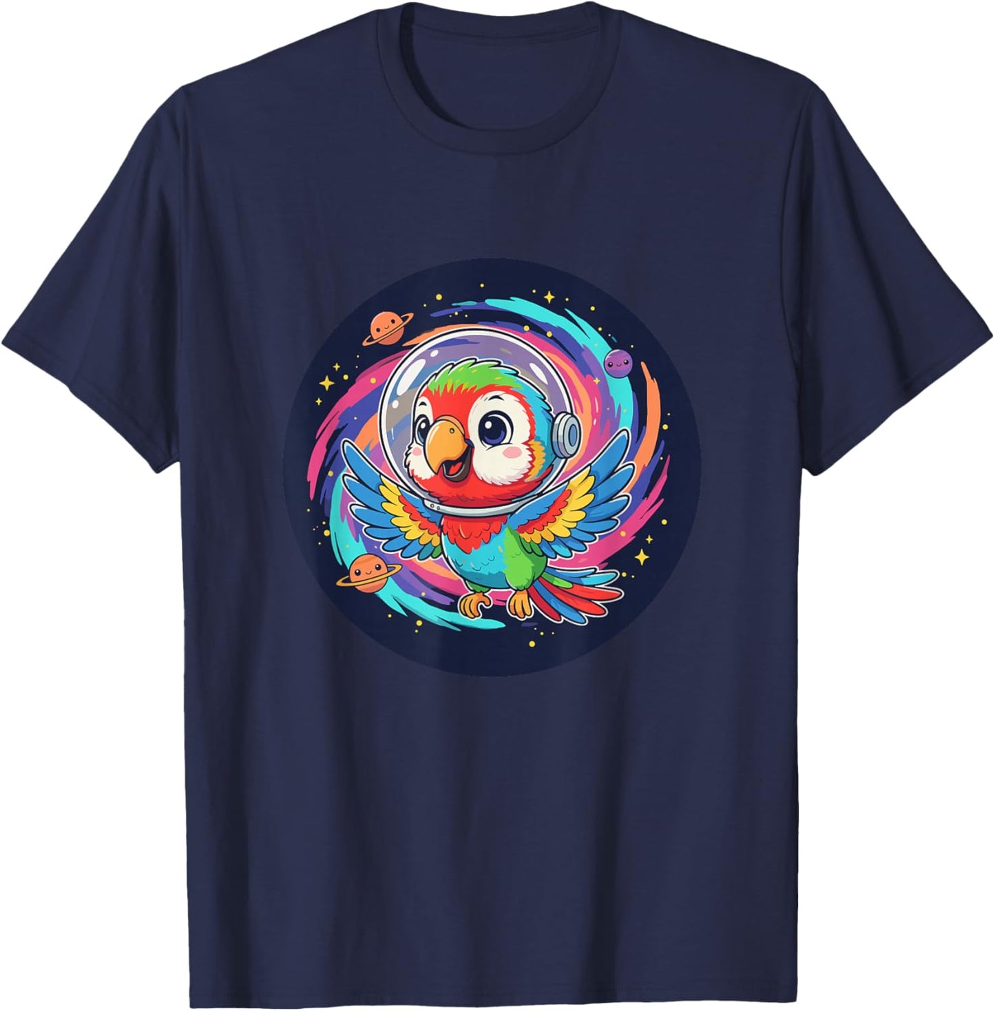 Cute Parrot Astronaut Flying in Colorful Space Galaxy T-Shirt - T-Shirt | Navy