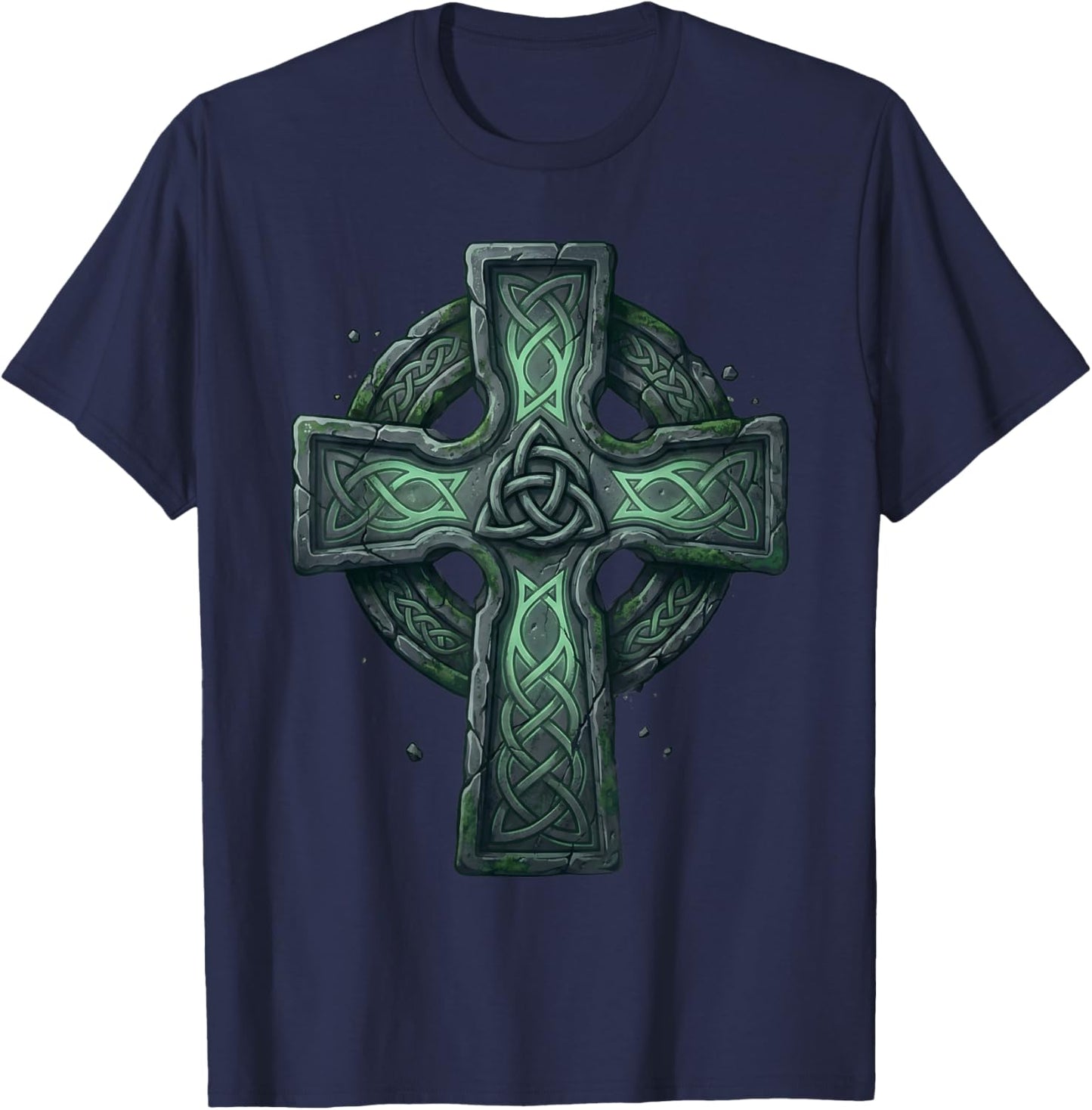 Vintage Mossy Stone Celtic Cross Irish Heritage St Patrick T-Shirt - T-Shirt | Navy