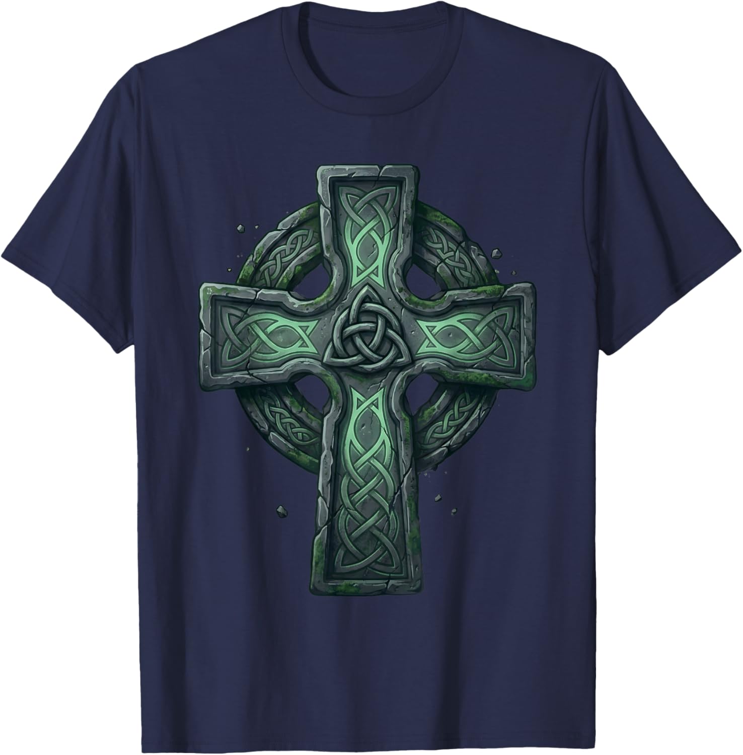 Vintage Mossy Stone Celtic Cross Irish Heritage St Patrick T-Shirt - T-Shirt | Navy