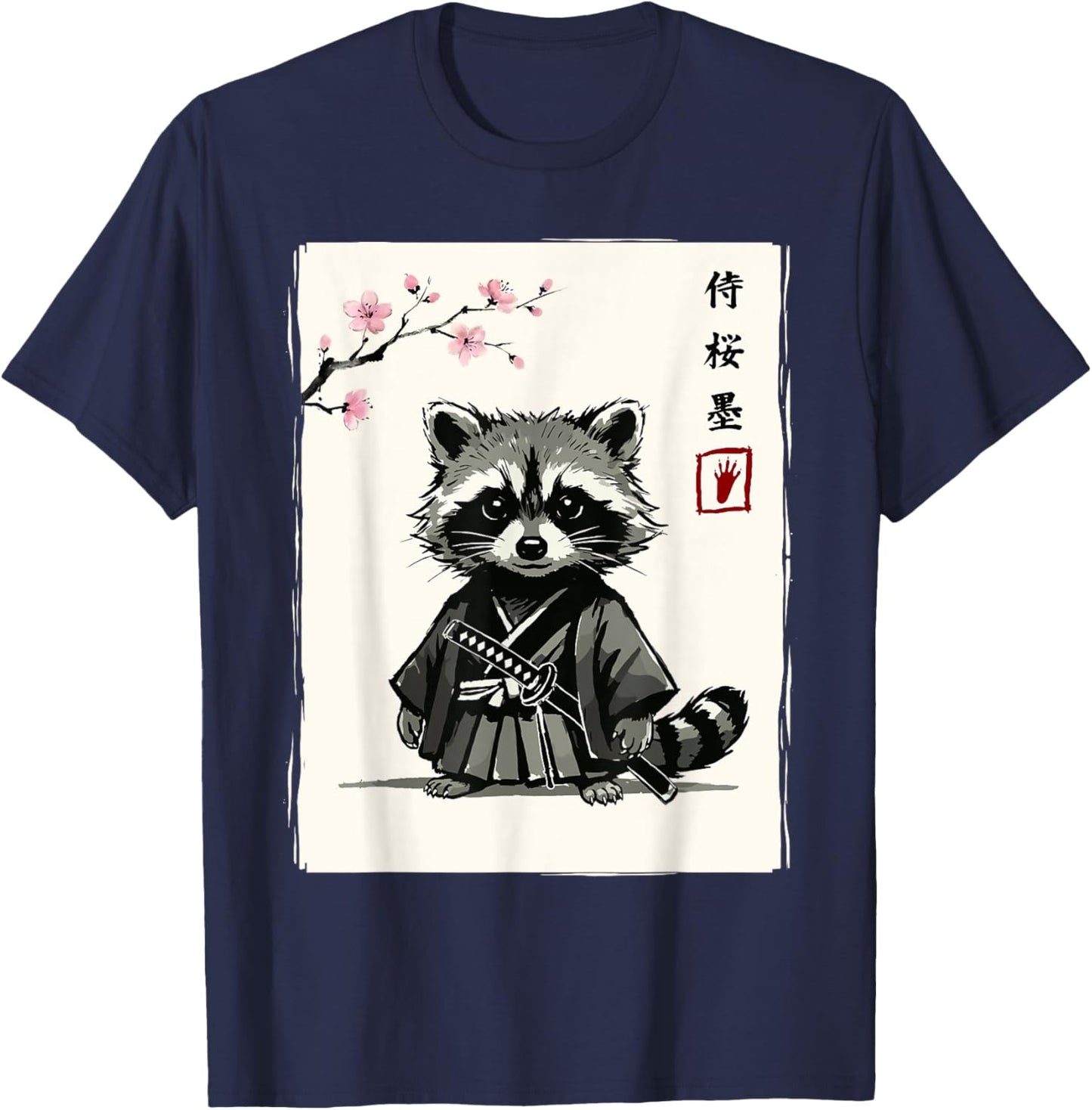 Japanese Art Kawaii Samurai Sakura Funny Raccoon T-Shirt - T-Shirt | Navy