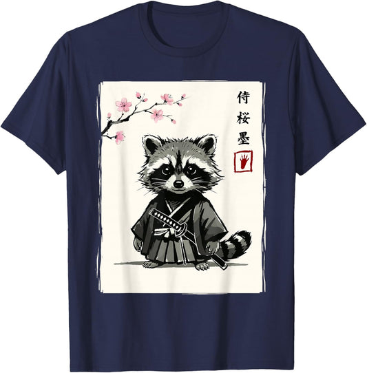 Japanese Art Kawaii Samurai Sakura Funny Raccoon T-Shirt - T-Shirt | Navy
