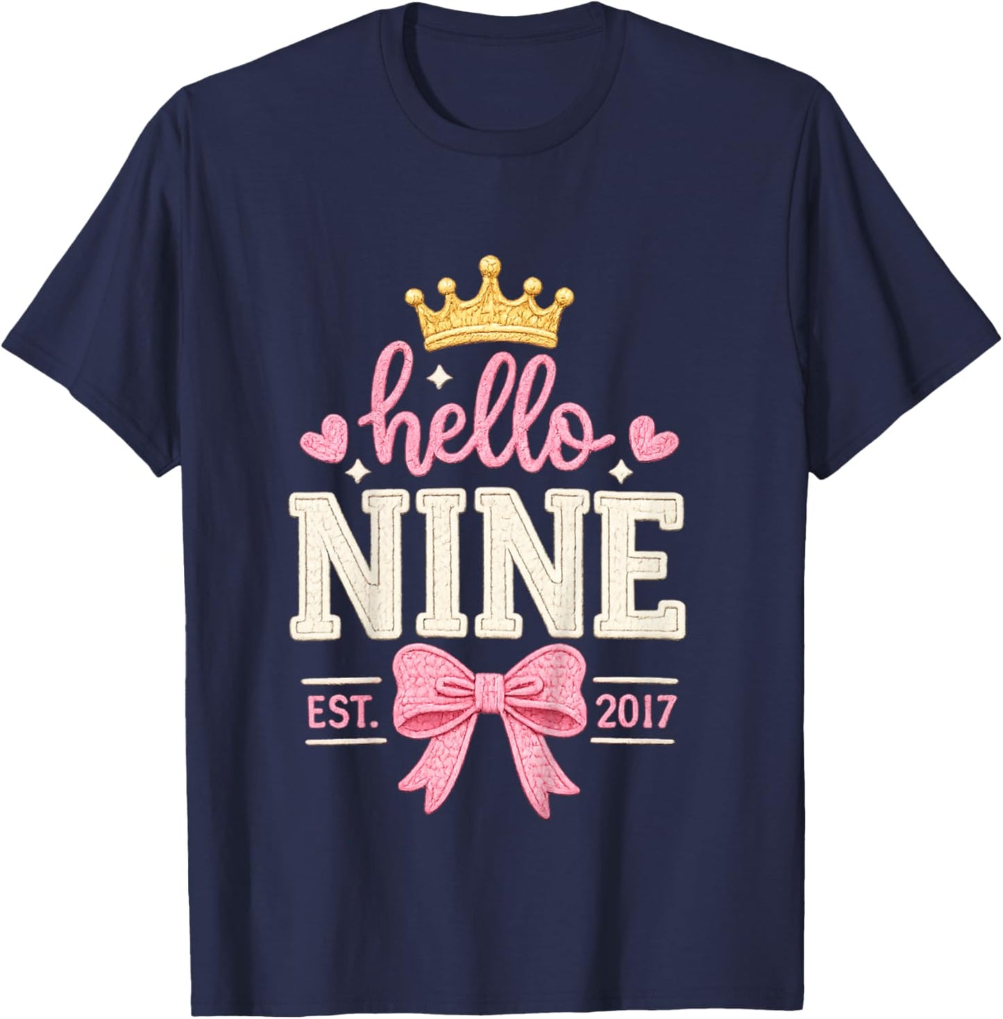 Hello Nine Est 2017 Cute 9th Birthday Bow 9 Years Old Girl T-Shirt - T-Shirt | Navy