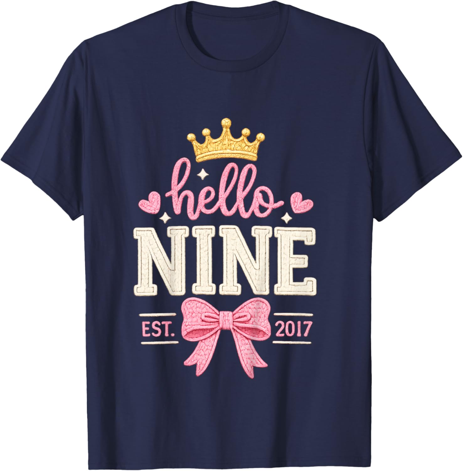 Hello Nine Est 2017 Cute 9th Birthday Bow 9 Years Old Girl T-Shirt - T-Shirt | Navy