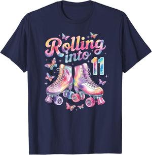 Rolling Into 11 Butterfly Roller Skate Birthday 11 Years Old T-Shirt - T-Shirt | Navy