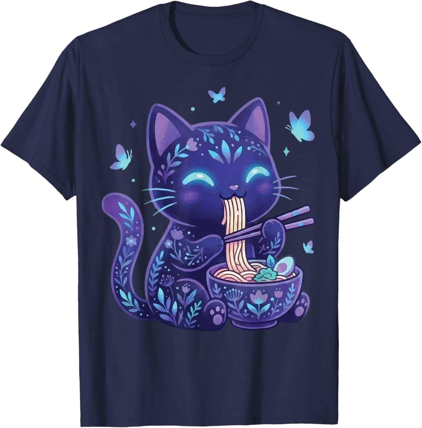Cat Eating Ramen Dark Aesthetic T-Shirt - T-Shirt | Navy