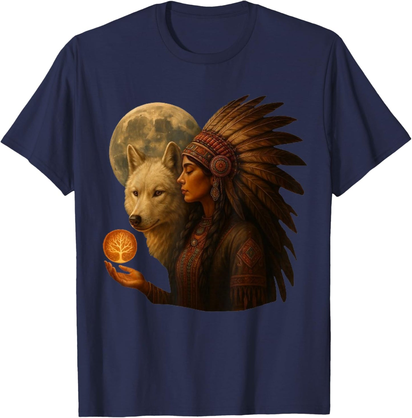 Indian Native American Woman with White Wolf Vitage Gifts T-Shirt - T-Shirt | Navy