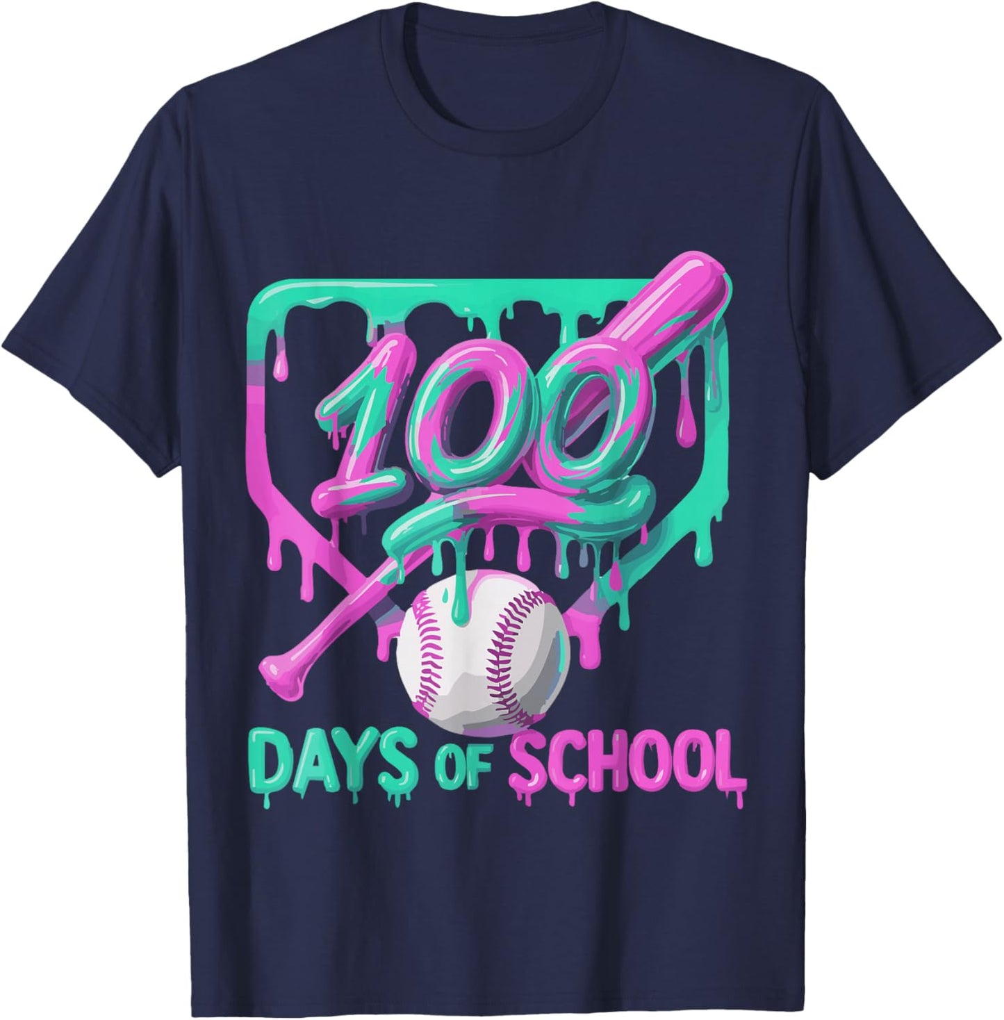 100 Days of School Baseball Ice Cream Drip 100th Day Player T-Shirt - T-Shirt | Navy