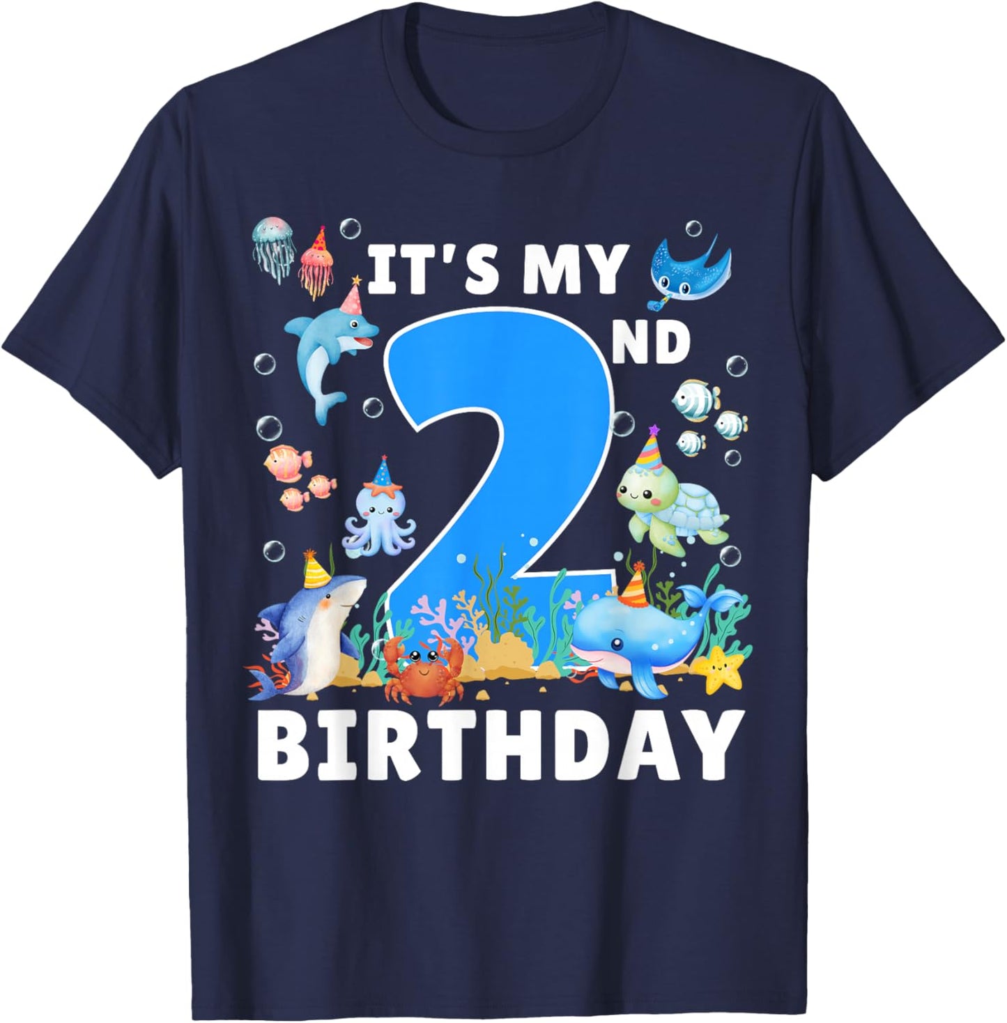 2nd Birthday Under The Sea 2 Years Old Ocean Party Theme T-Shirt - T-Shirt | Navy
