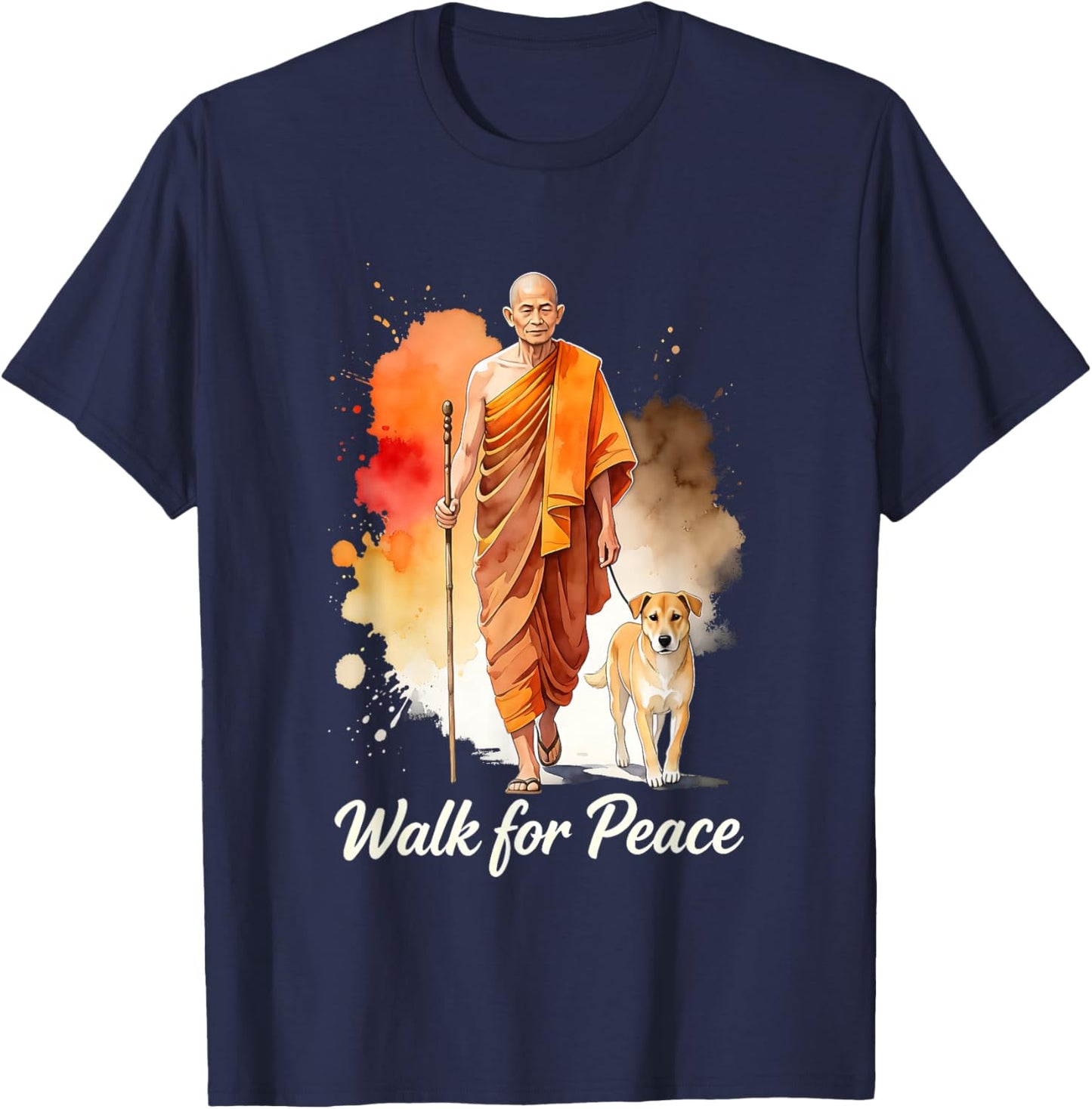 Walk for Peace Mindful Monk Spiritual Art T-Shirt - T-Shirt | Navy