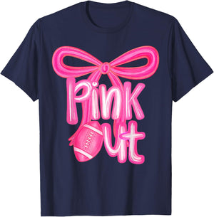 Preppy Pink Out Tackle Breast Cancer Awareness Coquette Bow T-Shirt - T-Shirt | Navy