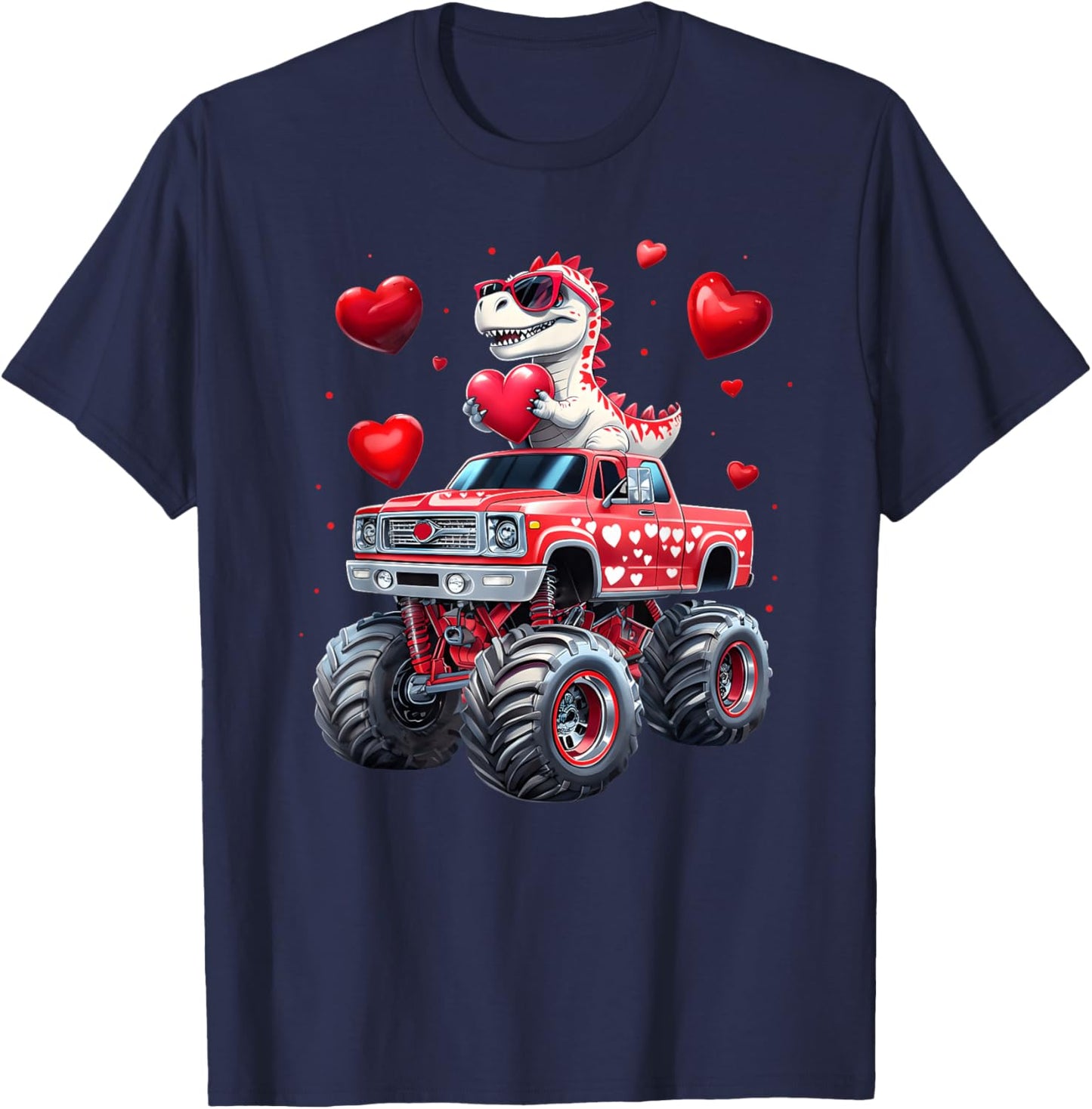 T Rex Riding Monster Truck Funny Toddler Boys Valentine T-Shirt - T-Shirt | Navy