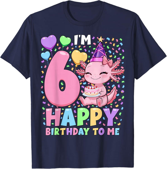 Girls Axolotl Birthday Shirt | 6 Years Old Birthday Axolotl T-Shirt - T-Shirt | Navy
