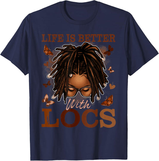 Life Better with Locs Black History Loc'd Melanin Afro Girls T-Shirt - T-Shirt | Navy