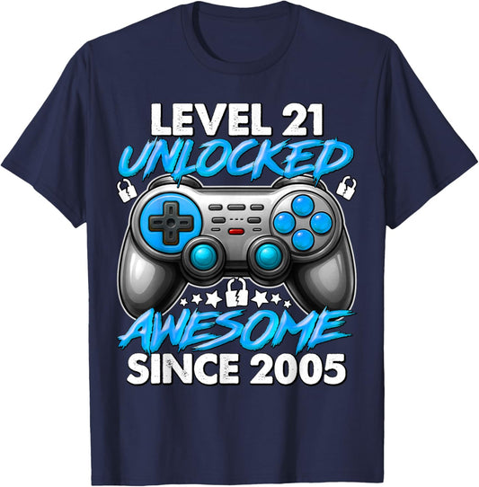Level 21 Unlocked 21 Year Old Gifts Boys 21st Birthday Boy T-Shirt - T-Shirt | Navy