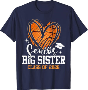 Senior Big Sister Class of 2026 Basketball Graduation Heart T-Shirt - T-Shirt | Navy